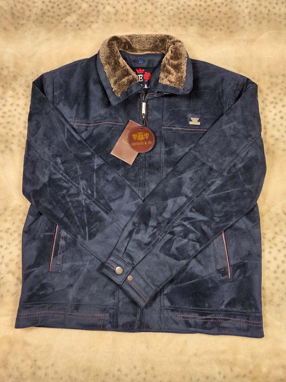 NWT Emporio & Co Navy Suede Look Faux Fur Collar Jacket Made Italy XL